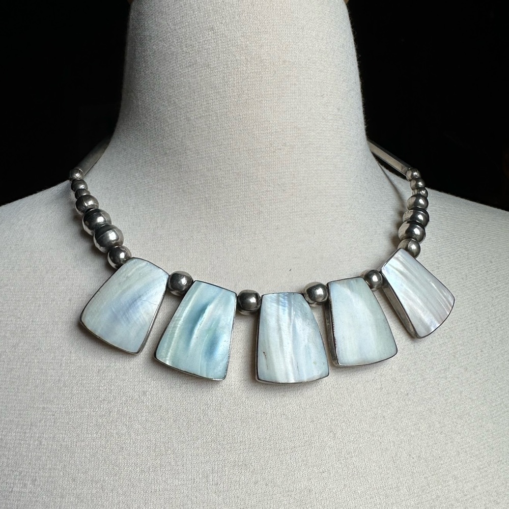 Silver Bead Mother of Pearl Cleopatra Egyptian Style Collar Necklace